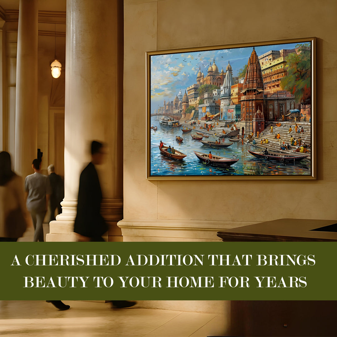 Banaras Ghats Painting Wall Art – Varanasi Riverfront with Golden Floater Frame – HD Print Large Canvas, Ready to Hang, Size: 3X4FT, (BAWA13)