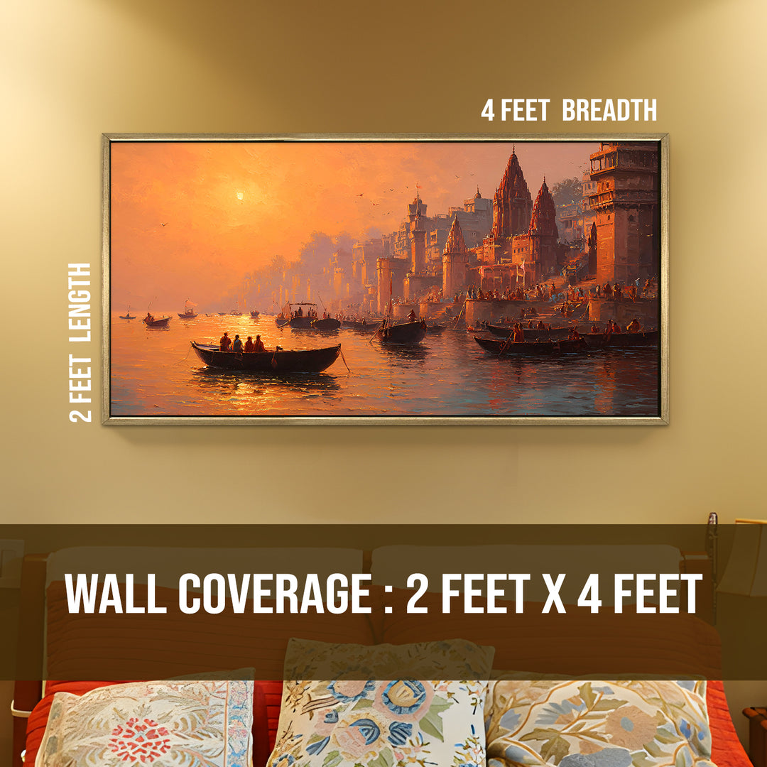Banaras Ghats Painting Wall Art – Varanasi Riverfront with Golden Floater Frame – HD Print Large Canvas, Ready to Hang, Size: 2X4FT, (BAWA34)