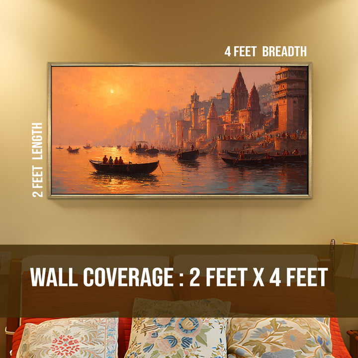 Banaras Ghats Painting Wall Art – Varanasi Riverfront with Golden Floater Frame – HD Print Large Canvas, Ready to Hang, Size: 2X4FT, (BAWA34)