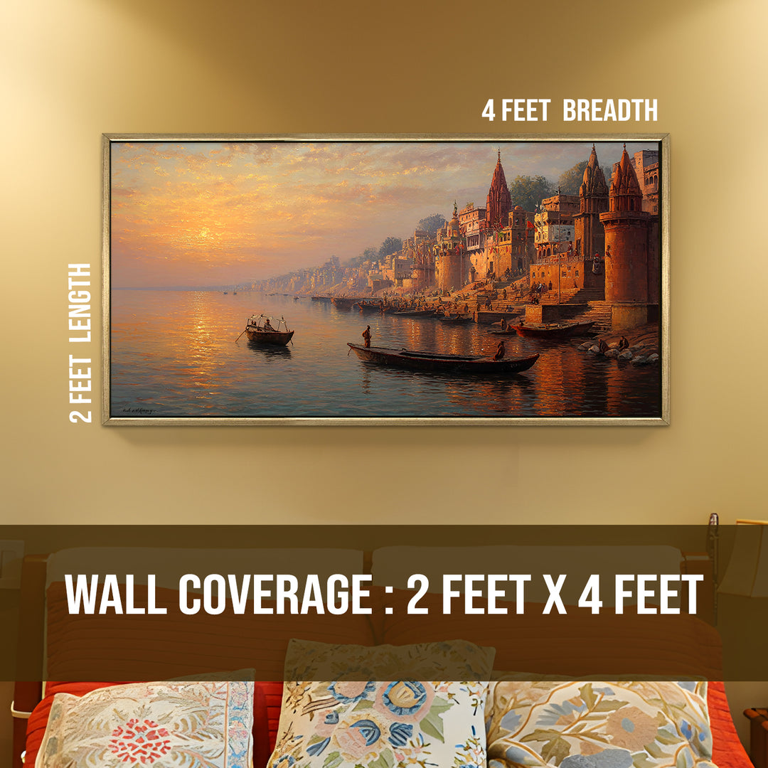 Banaras Ghats Painting Wall Art – Varanasi Riverfront with Golden Floater Frame – HD Print Large Canvas, Ready to Hang, Size: 2X4FT, (BAWA33)