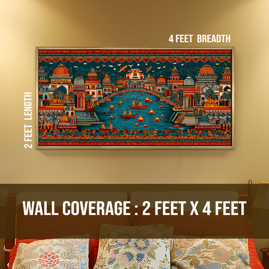 Banaras Ghats Painting Wall Art – Varanasi Riverfront with Golden Floater Frame – HD Print Large Canvas, Ready to Hang, Size: 2X4FT, (BAWA45)