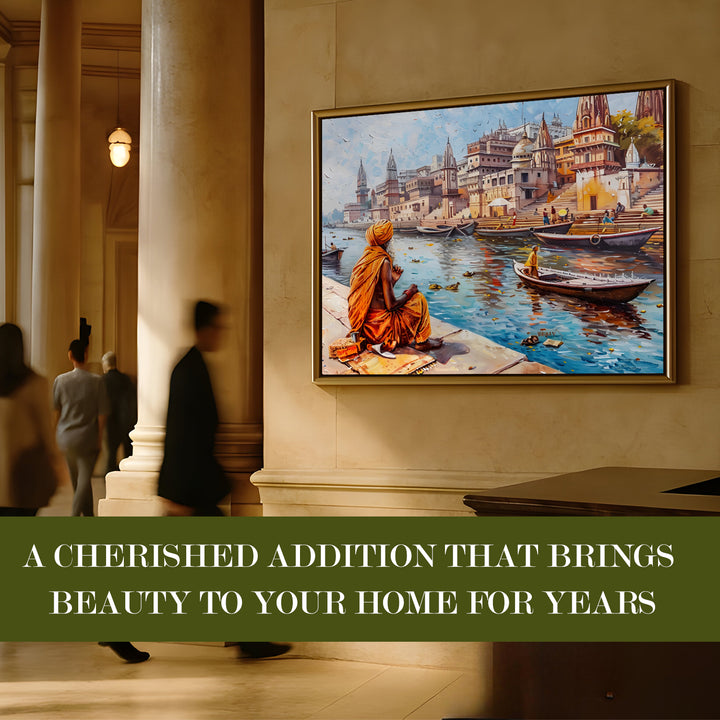 Banaras Ghats Painting Wall Art – Varanasi Riverfront with Golden Floater Frame – HD Print Large Canvas, Ready to Hang, Size: 3X4FT, (BAWA27)