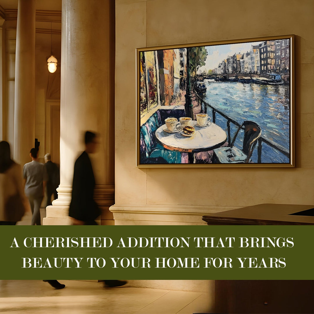 Canal-side brunch café in Amsterdam Wall Art, HD Canvas Print, Golden Floater Framed, Ready to Hang, (36 In x 48 In) (CAFE-WA-10)