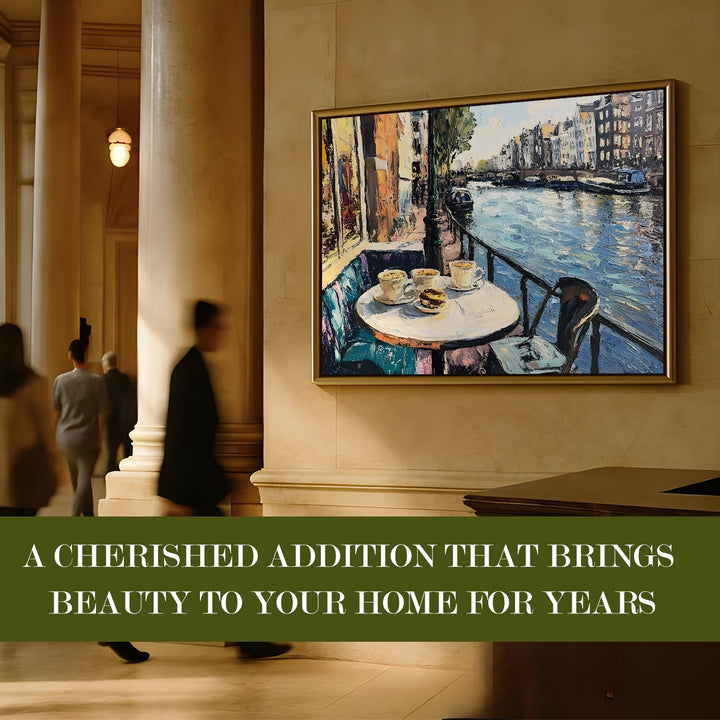 Canal-side brunch café in Amsterdam Wall Art, HD Canvas Print, Golden Floater Framed, Ready to Hang, (36 In x 48 In) (CAFE-WA-10)