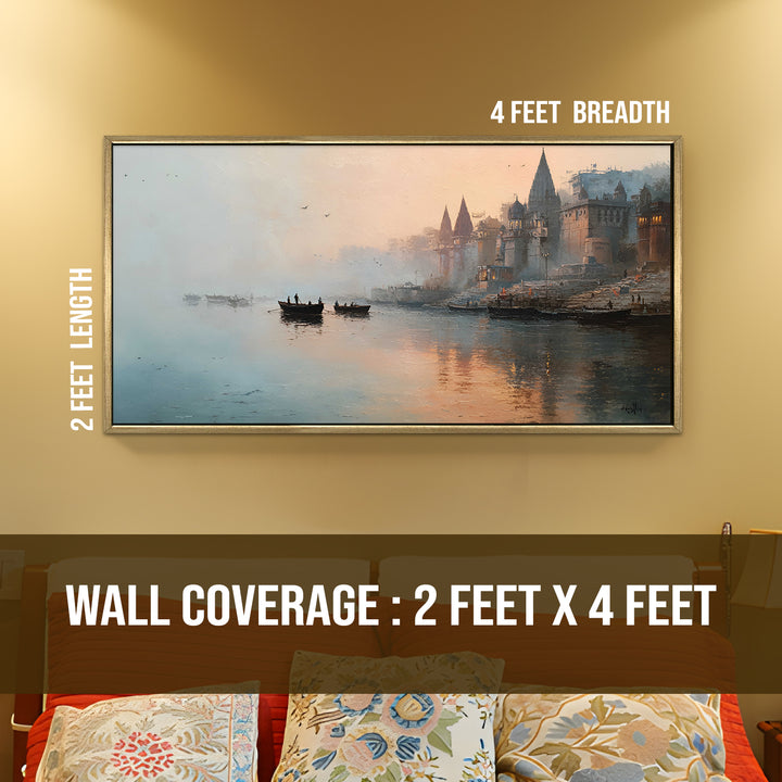 Banaras Ghats Painting Wall Art – Varanasi Riverfront with Golden Floater Frame – HD Print Large Canvas, Ready to Hang, Size: 2X4FT, (BAWA37)
