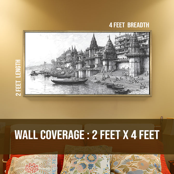 Banaras Ghats Painting Wall Art – Varanasi Riverfront with Golden Floater Frame – HD Print Large Canvas, Ready to Hang, Size: 2X4FT, (BAWA39)
