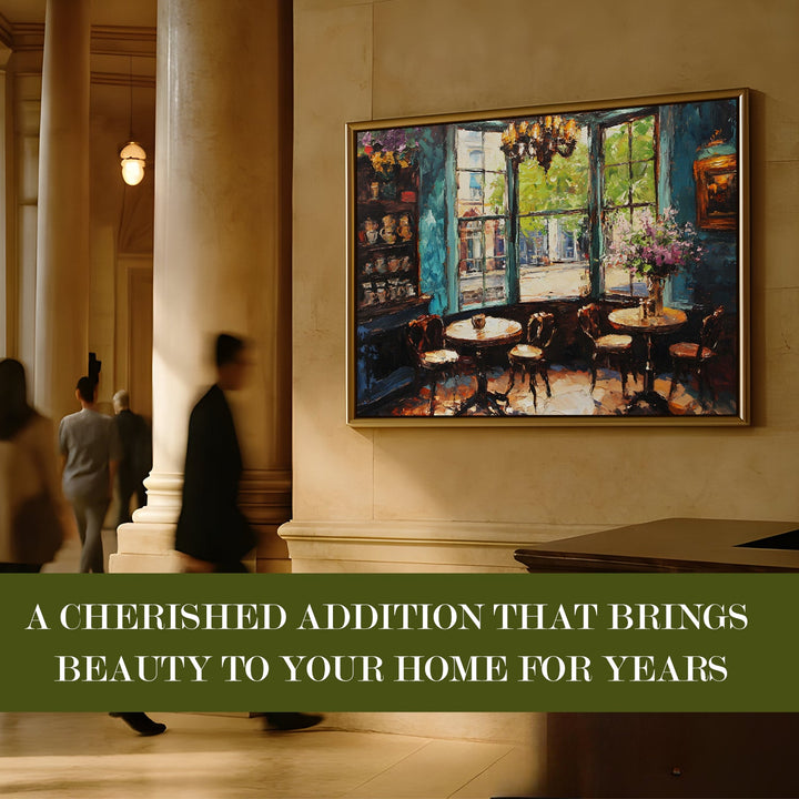 Elegant London tea shop with Victorian windows Wall Art, HD Canvas Print, Golden Floater Framed, Ready to Hang, (36 In x 48 In) (CAFE-WA-16)
