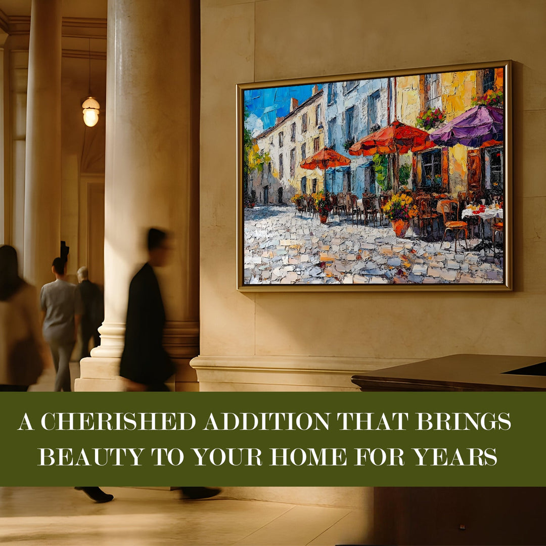 Cobblestone market square in southern France Wall Art, HD Canvas Print, Golden Floater Framed, Ready to Hang, (36 In x 48 In) (CAFE-WA-17)
