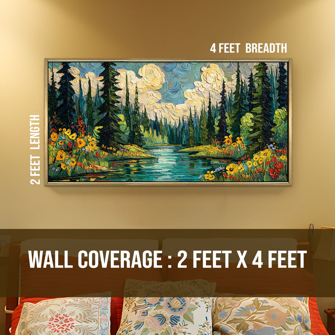Vibrant Forest Scene with Sparkling River Wall Art, HD Canvas Print, Golden Floater Framed, Ready to Hang, (24 In x 48 In) (VNG-WA-02)