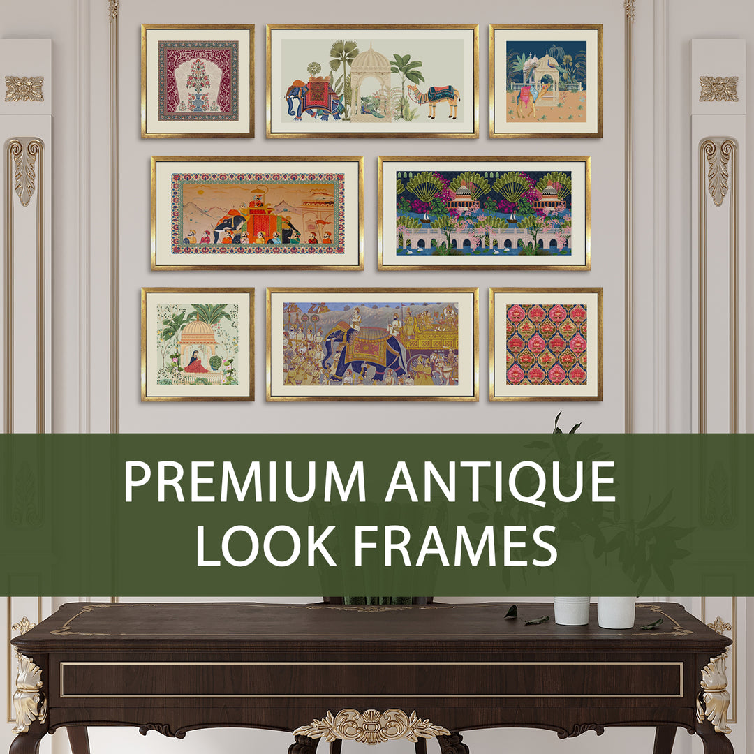 Royal Mughal Miniature Art – Set of 8 Acrylic Paintings in Golden Box Frames (MUGHAL-8F-01)