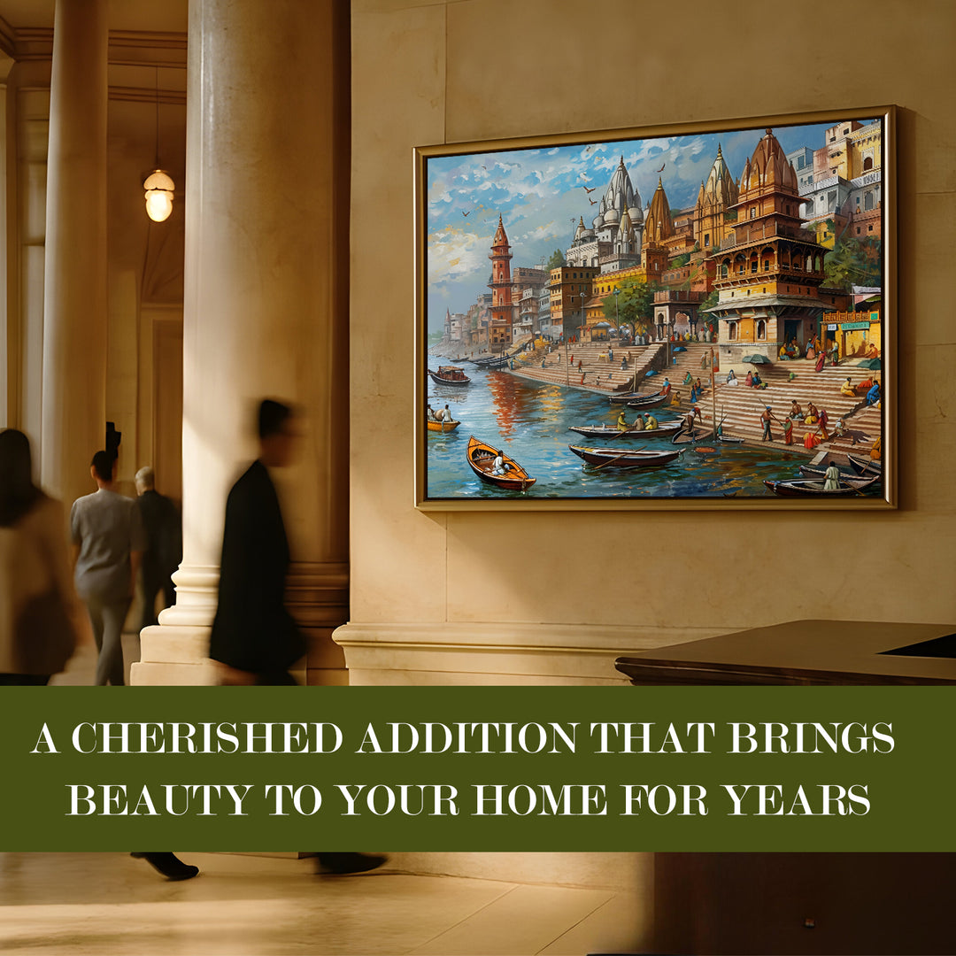 Banaras Ghats Painting Wall Art – Varanasi Riverfront with Golden Floater Frame – HD Print Large Canvas, Ready to Hang, Size: 3X4FT, (BAWA26)