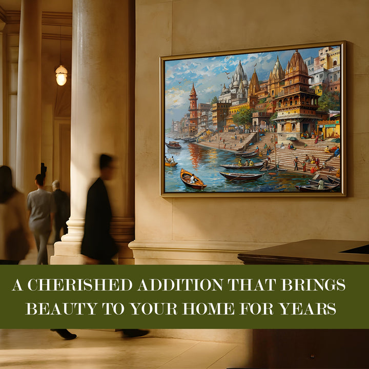 Banaras Ghats Painting Wall Art – Varanasi Riverfront with Golden Floater Frame – HD Print Large Canvas, Ready to Hang, Size: 3X4FT, (BAWA26)