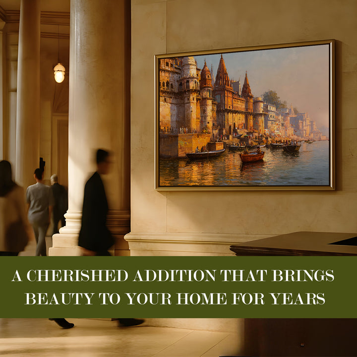 Banaras Ghats Painting Wall Art – Varanasi Riverfront with Golden Floater Frame – HD Print Large Canvas, Ready to Hang, Size: 3X4FT, (BAWA05)