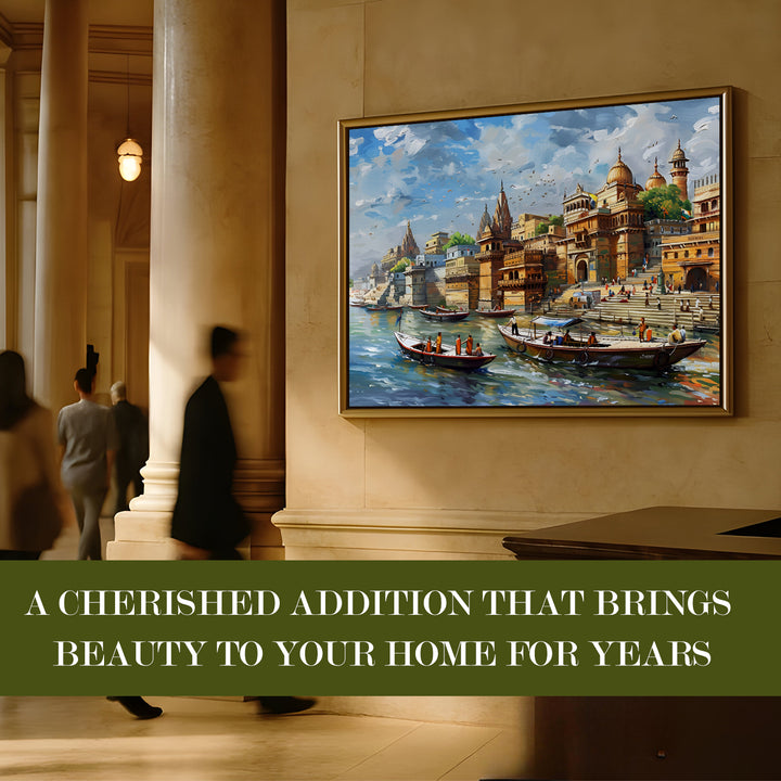 Banaras Ghats Painting Wall Art – Varanasi Riverfront with Golden Floater Frame – HD Print Large Canvas, Ready to Hang, Size: 3X4FT, (BAWA17)