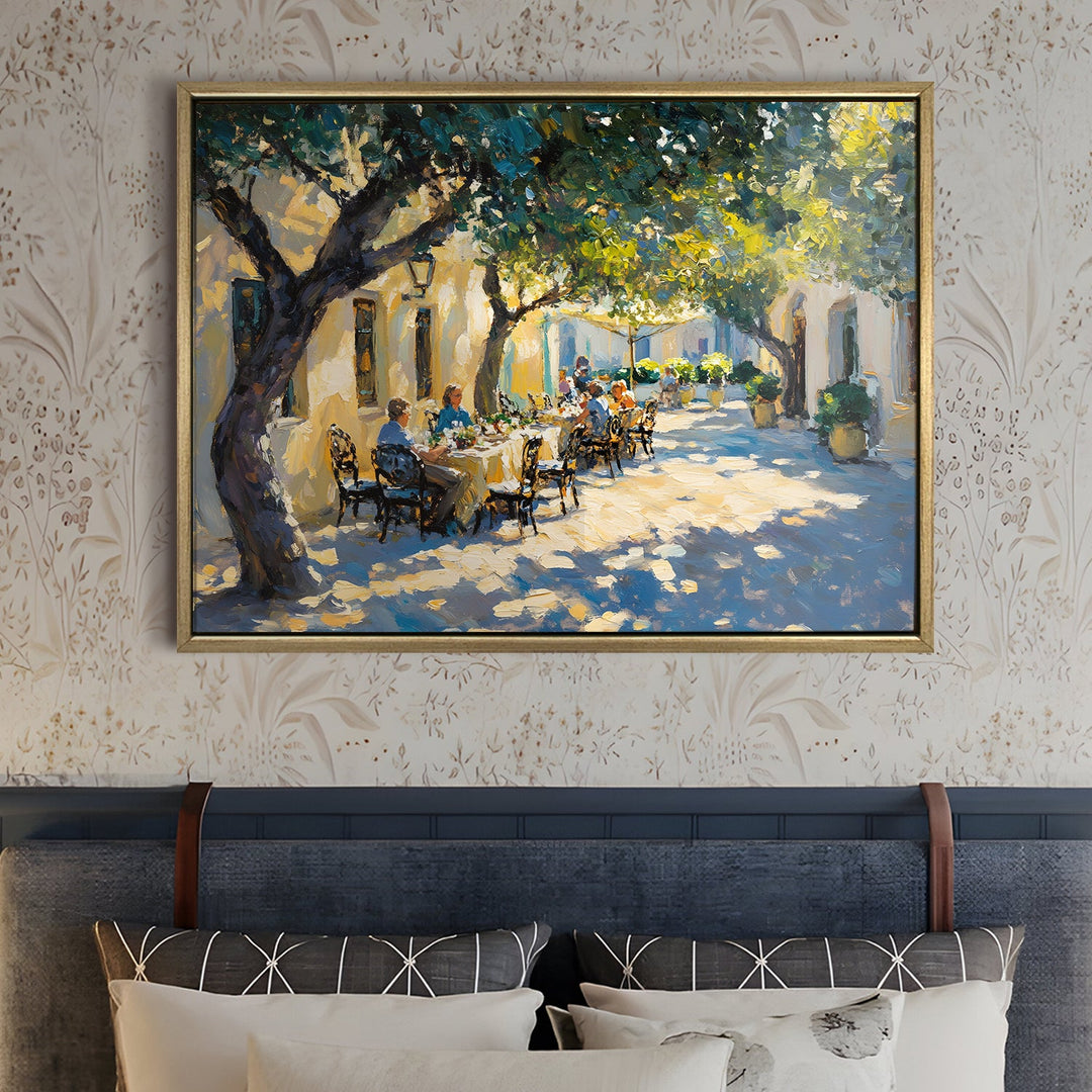 Courtyard dining under olive trees Wall Art, HD Canvas Print, Golden Floater Framed, Ready to Hang, (36 In x 48 In) (CITY-WA-03)