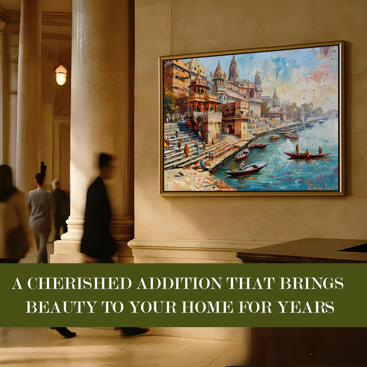 Banaras Ghats Painting Wall Art – Varanasi Riverfront with Golden Floater Frame – HD Print Large Canvas, Ready to Hang, Size: 3X4FT, (BAWA16)