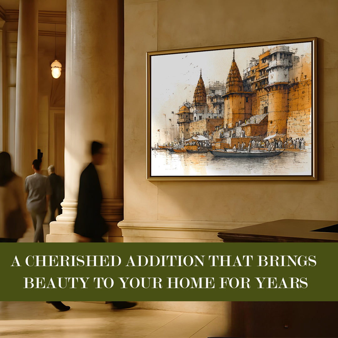 Banaras Ghats Painting Wall Art – Varanasi Riverfront with Golden Floater Frame – HD Print Large Canvas, Ready to Hang, Size: 3X4FT, (BAWA15)