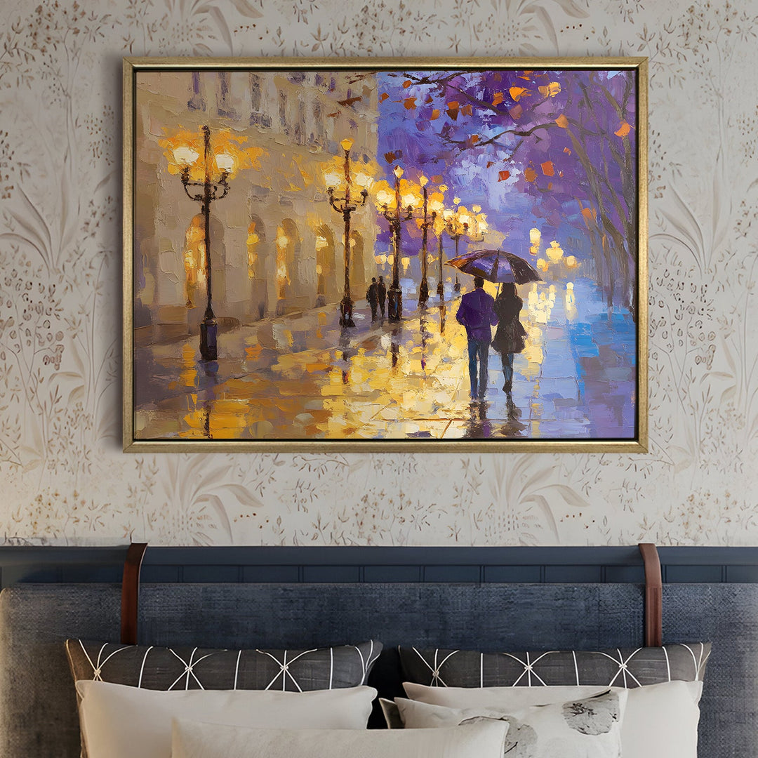 Rainy street with reflections of warm lights Wall Art, HD Canvas Print, Golden Floater Framed, Ready to Hang, (36 In x 48 In) (CAFE-WA-01)