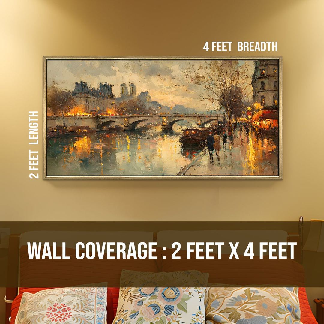 Vintage Riverfront Cityscape Wall Art, HD Canvas Print, Golden Floater Framed, Ready to Hang, (24 In x 48 In). (EURP-WA-06)