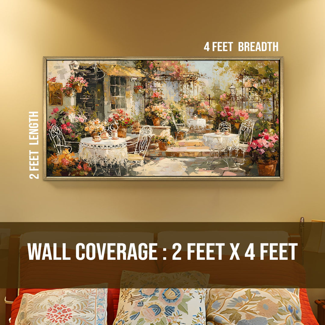Vintage Café Terrace Wall Art, HD Canvas Print, Golden Floater Framed, Ready to Hang, (24 In x 48 In). (EURP-WA-05)