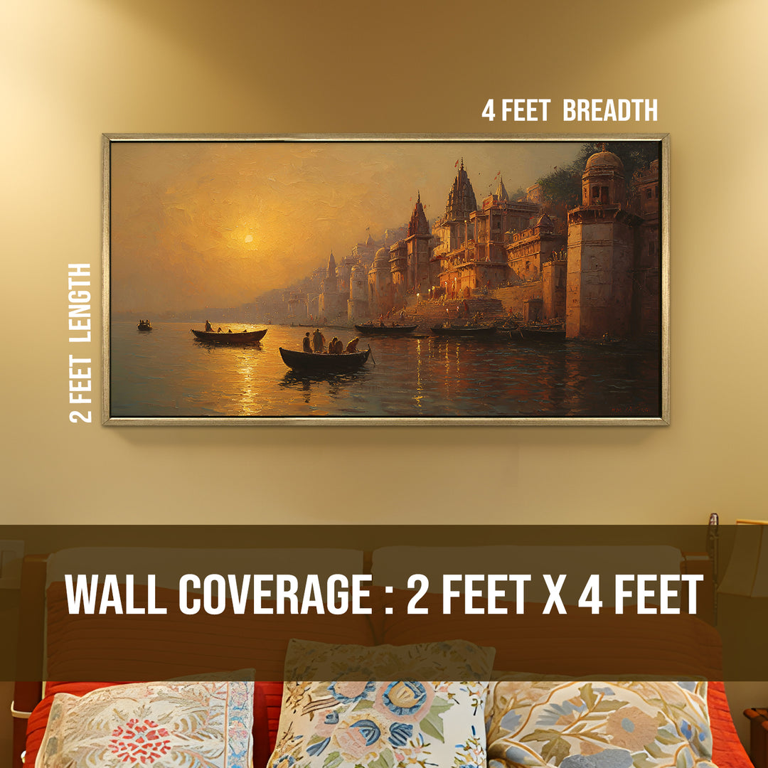 Banaras Ghats Painting Wall Art – Varanasi Riverfront with Golden Floater Frame – HD Print Large Canvas, Ready to Hang, Size: 2X4FT, (BAWA32)