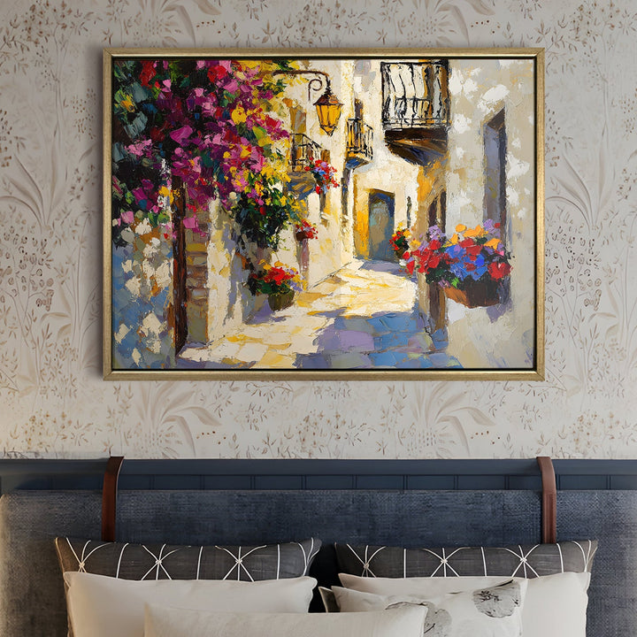 Narrow alley with balconies full of flowers Wall Art, HD Canvas Print, Golden Floater Framed, Ready to Hang, (36 In x 48 In) (CITY-WA-07)