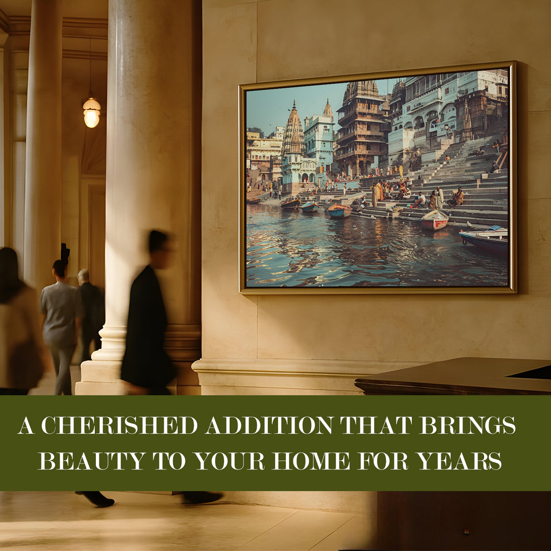 Banaras Ghats Painting Wall Art – Varanasi Riverfront with Golden Floater Frame – HD Print Large Canvas, Ready to Hang, Size: 3X4FT, (BAWA29)