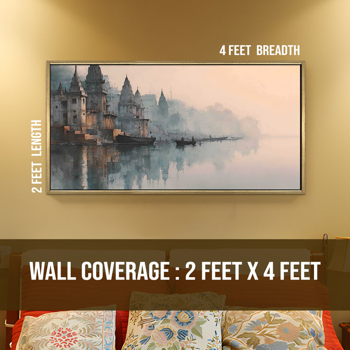 Banaras Ghats Painting Wall Art – Varanasi Riverfront with Golden Floater Frame – HD Print Large Canvas, Ready to Hang, Size: 2X4FT, (BAWA36)