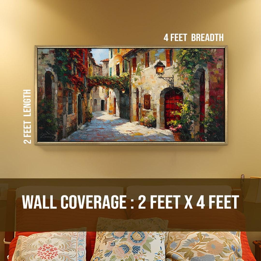 Romantic Tuscan Street Wall Art, HD Canvas Print, Golden Floater Framed, Ready to Hang, (24 In x 48 In). (EURP-WA-08)