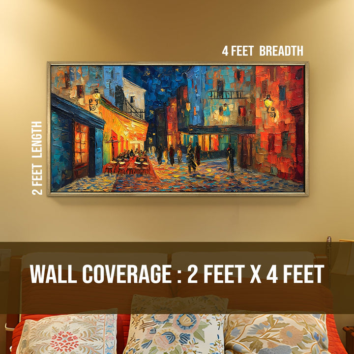 Colorful European Alley at Night – Abstract Wall Art, HD Canvas Print, Golden Floater Framed, Ready to Hang, (24 In x 48 In) (VNG-WA-01)