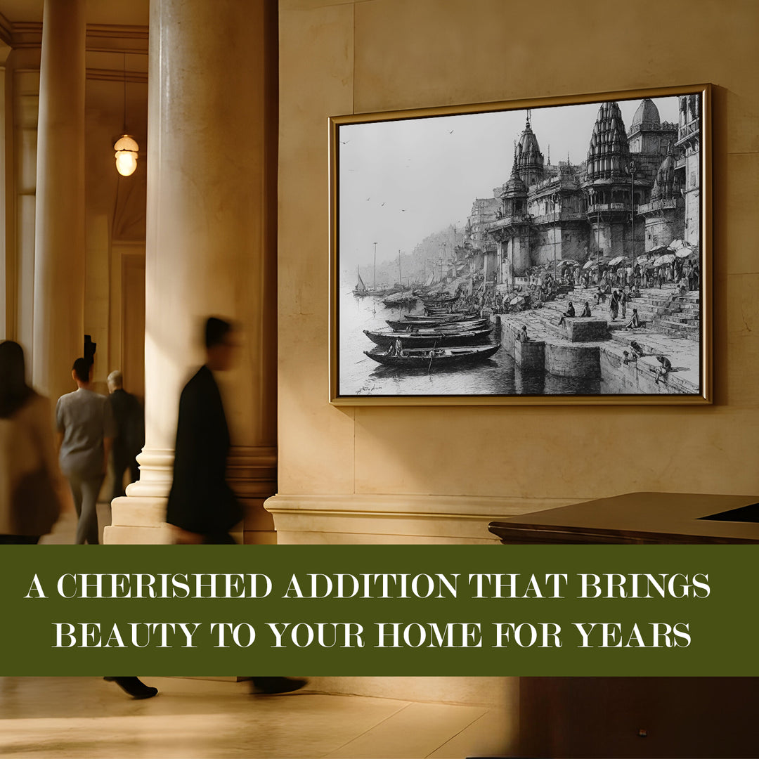Banaras Ghats Painting Wall Art – Varanasi Riverfront with Golden Floater Frame – HD Print Large Canvas, Ready to Hang, Size: 3X4FT, (BAWA10)
