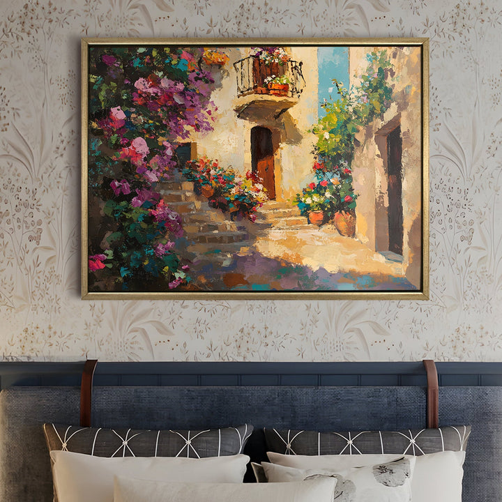 Narrow alley with balconies full of flowers Wall Art, HD Canvas Print, Golden Floater Framed, Ready to Hang, (36 In x 48 In) (CITY-WA-06)