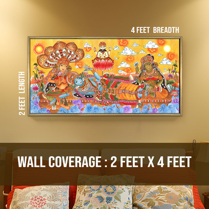 Kerala Mural Wall Art – Vishnu Ananthasayana HD Canvas Print | Painting with Lakshmi & Brahma – Spiritual Home & Temple Decor – Size: 2ft X 4ft (GOLDEN FLOATING FRAME) (KAMUWA04)