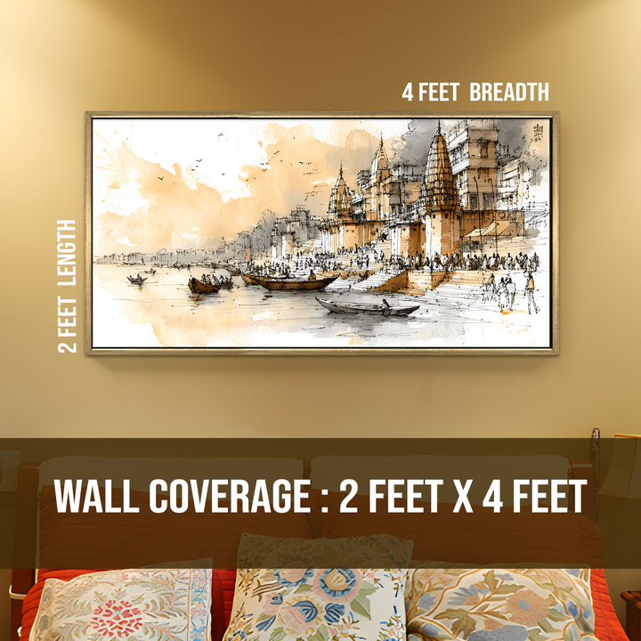 Banaras Ghats Painting Wall Art – Varanasi Riverfront with Golden Floater Frame – HD Print Large Canvas, Ready to Hang, Size: 2X4FT, (BAWA41)