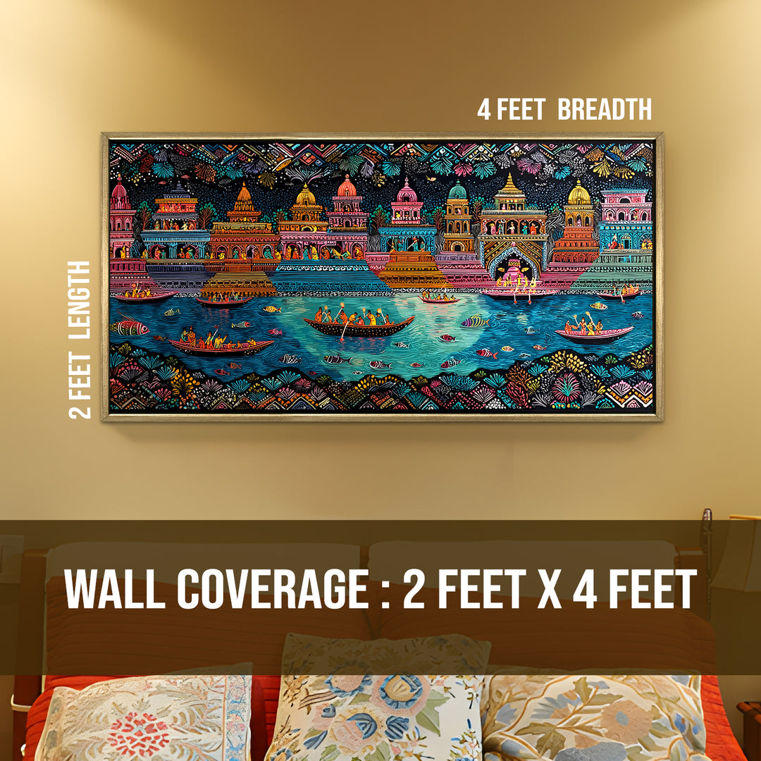 Banaras Ghats Painting Wall Art – Varanasi Riverfront with Golden Floater Frame – HD Print Large Canvas, Ready to Hang, Size: 2X4FT, (BAWA46)