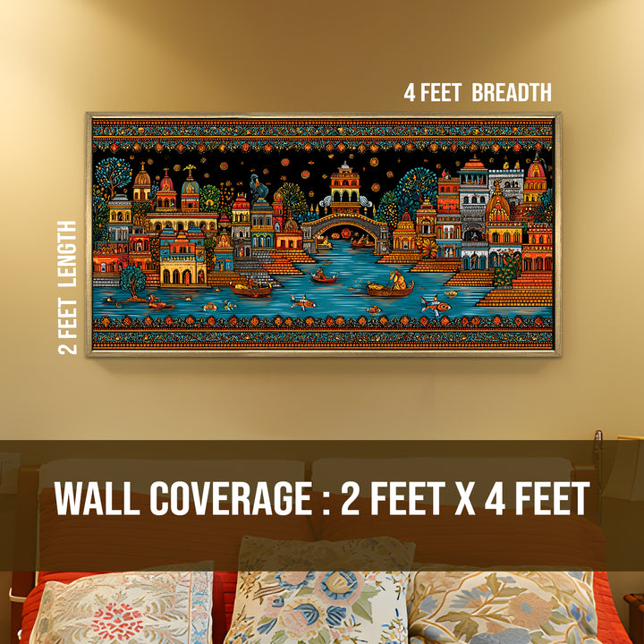 Banaras Ghats Painting Wall Art – Varanasi Riverfront with Golden Floater Frame – HD Print Large Canvas, Ready to Hang, Size: 2X4FT, (BAWA44)