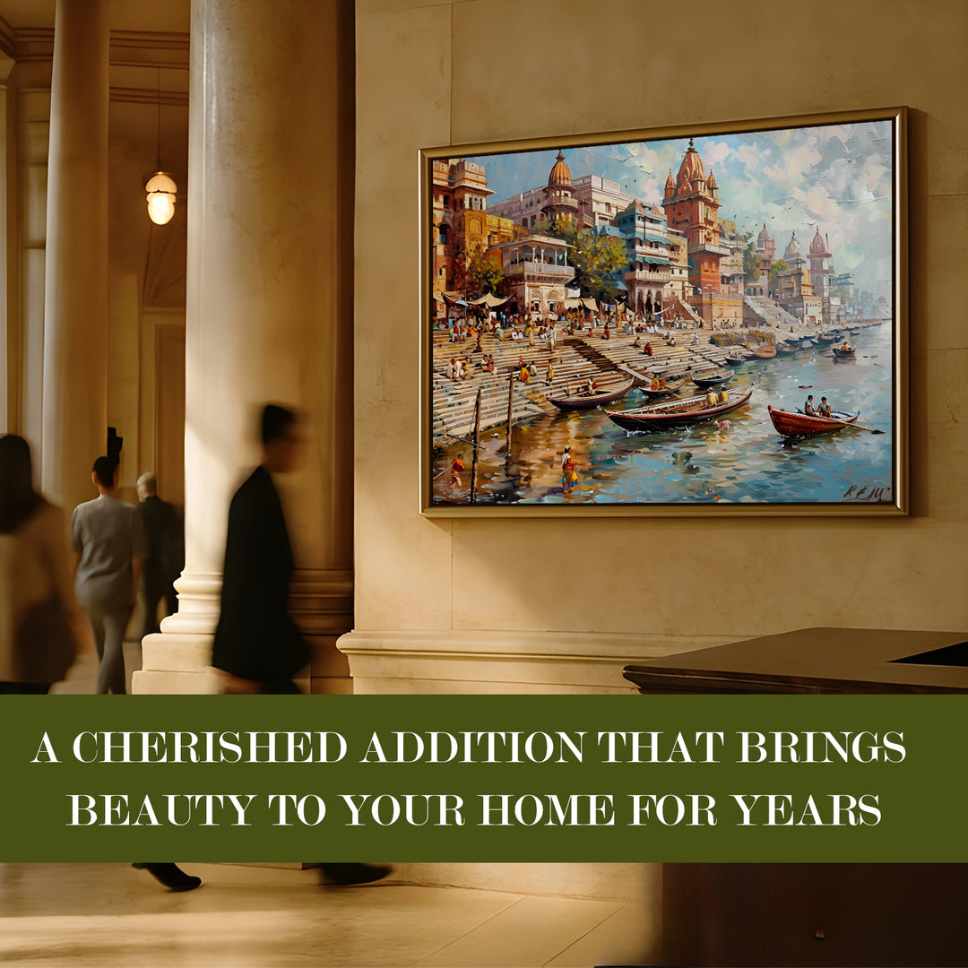 Banaras Ghats Painting Wall Art – Varanasi Riverfront with Golden Floater Frame – HD Print Large Canvas, Ready to Hang, Size: 3X4FT, (BAWA06)