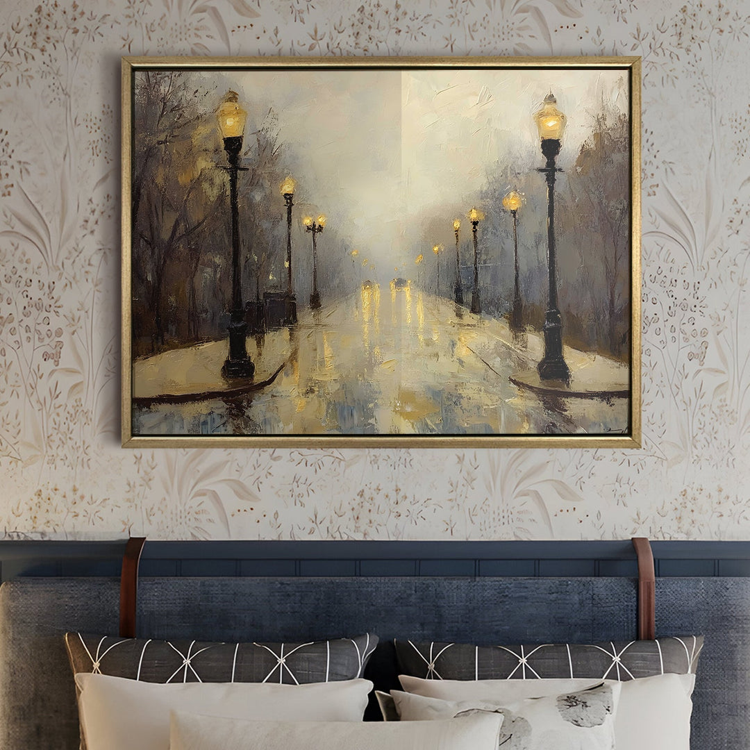 Foggy morning street with vintage lamp posts Wall Art, HD Canvas Print, Golden Floater Framed, Ready to Hang, (36 In x 48 In) (CITY-WA-08)