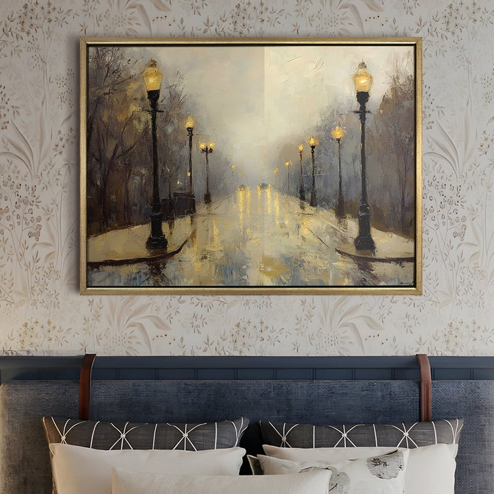 Foggy morning street with vintage lamp posts Wall Art, HD Canvas Print, Golden Floater Framed, Ready to Hang, (36 In x 48 In) (CITY-WA-08)