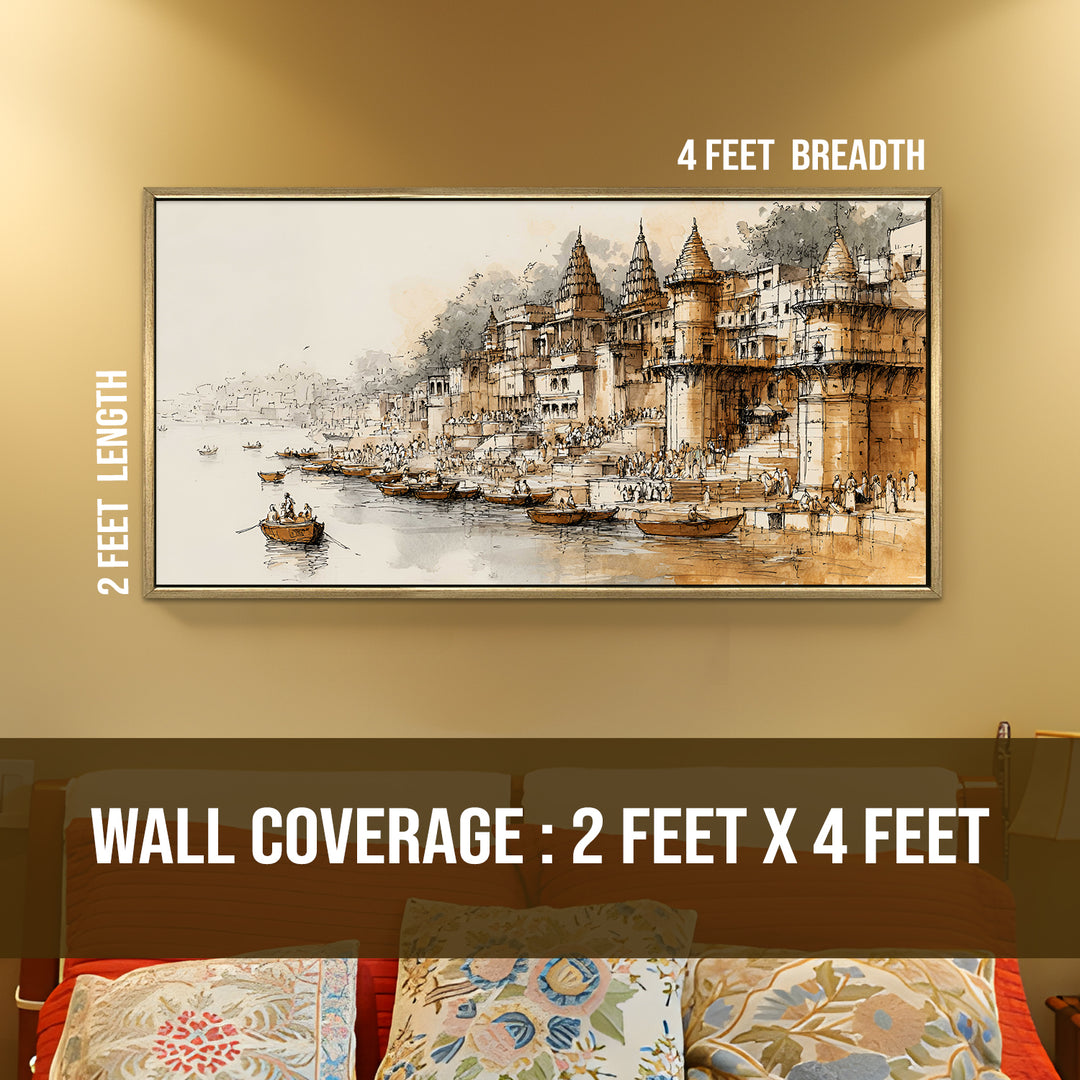 Banaras Ghats Painting Wall Art – Varanasi Riverfront with Golden Floater Frame – HD Print Large Canvas, Ready to Hang, Size: 2X4FT, (BAWA42)