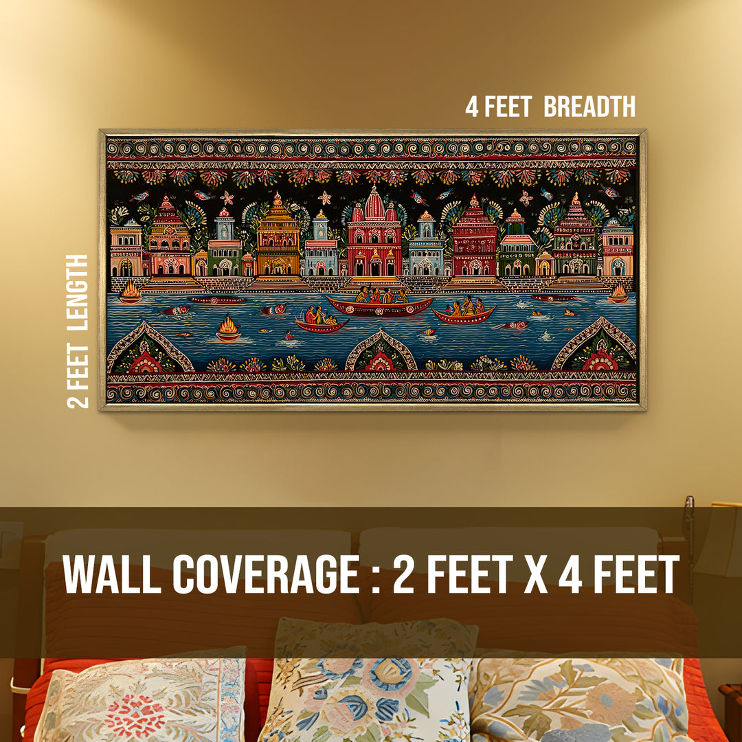 Banaras Ghats Painting Wall Art – Varanasi Riverfront with Golden Floater Frame – HD Print Large Canvas, Ready to Hang, Size: 2X4FT, (BAWA43)