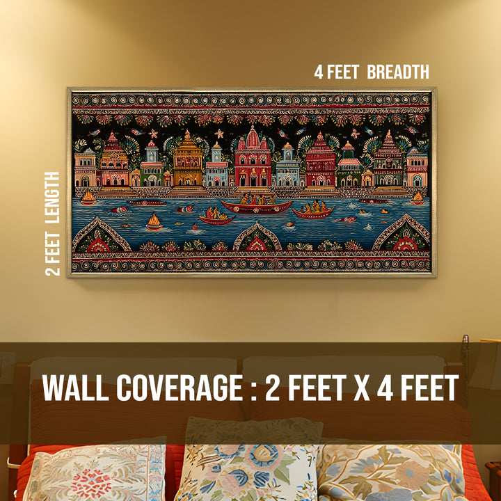 Banaras Ghats Painting Wall Art – Varanasi Riverfront with Golden Floater Frame – HD Print Large Canvas, Ready to Hang, Size: 2X4FT, (BAWA43)