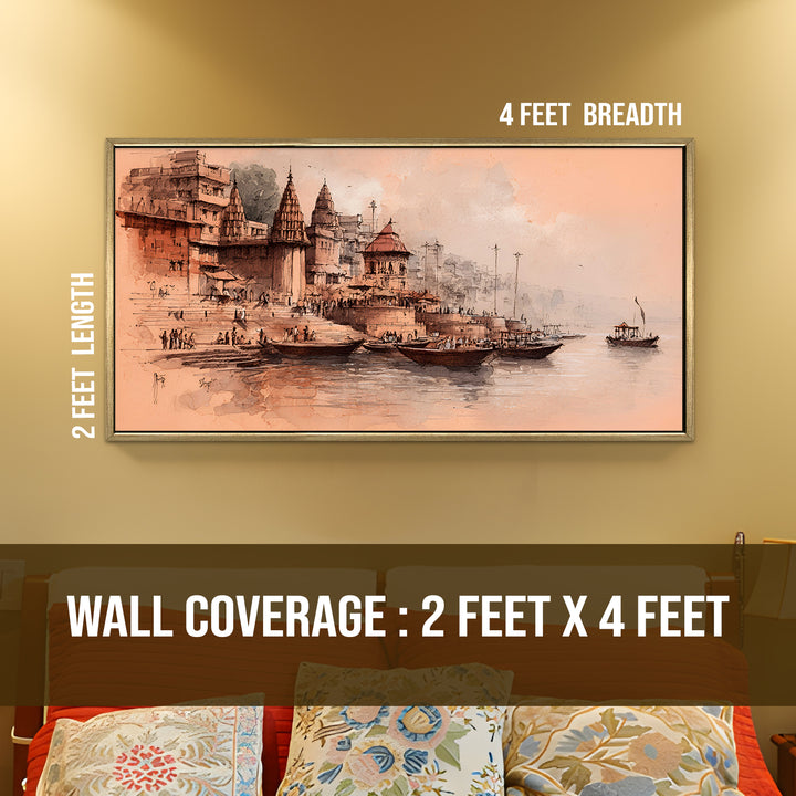 Banaras Ghats Painting Wall Art – Varanasi Riverfront with Golden Floater Frame – HD Print Large Canvas, Ready to Hang, Size: 2X4FT, (BAWA40)