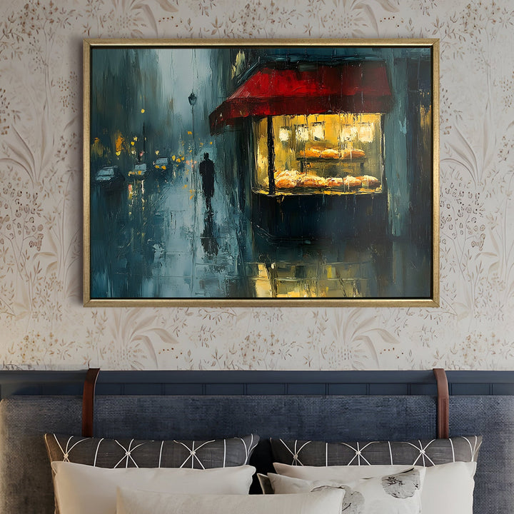 Rain-soaked bakery with reflections on pavement Wall Art, HD Canvas Print, Golden Floater Framed, Ready to Hang, (36 In x 48 In) (CAFE-WA-02)