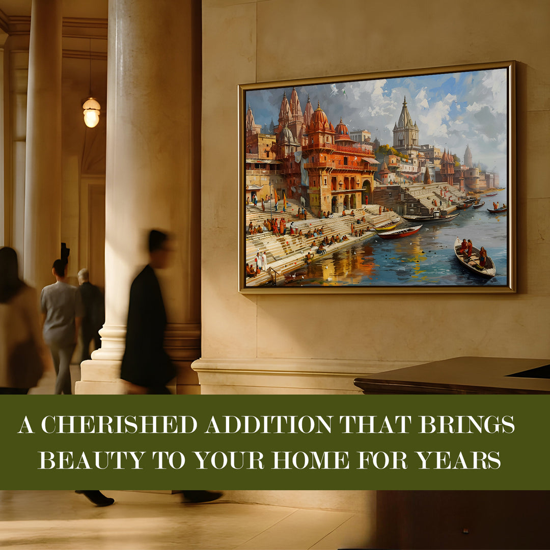 Banaras Ghats Painting Wall Art – Varanasi Riverfront with Golden Floater Frame – HD Print Large Canvas, Ready to Hang, Size: 3X4FT, (BAWA09)
