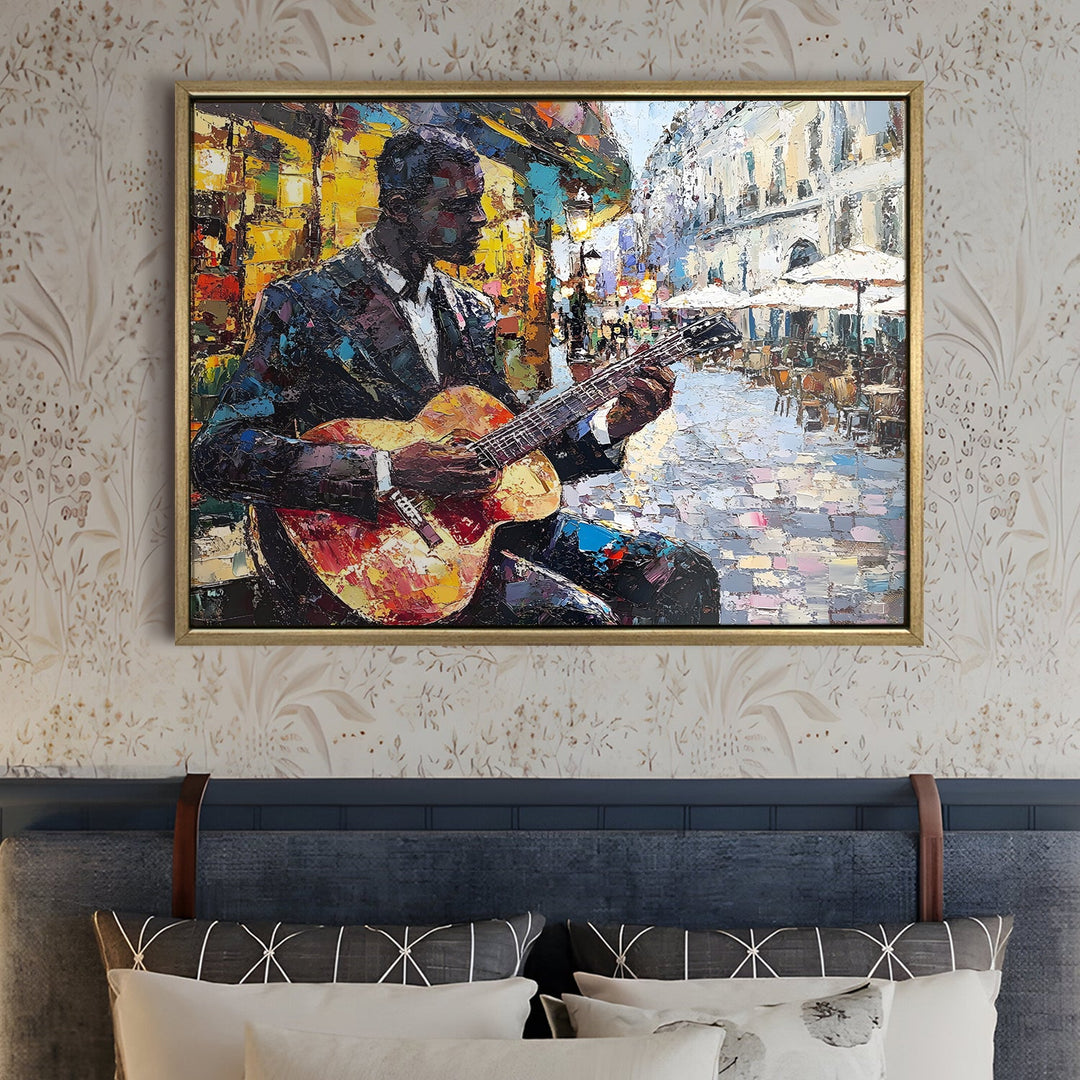 Guitarist performing in a cobbled plaza Wall Art, HD Canvas Print, Golden Floater Framed, Ready to Hang, (36 In x 48 In) (CITY-WA-05)