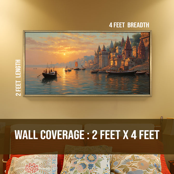 Banaras Ghats Painting Wall Art – Varanasi Riverfront with Golden Floater Frame – HD Print Large Canvas, Ready to Hang, Size: 2X4FT, (BAWA35)