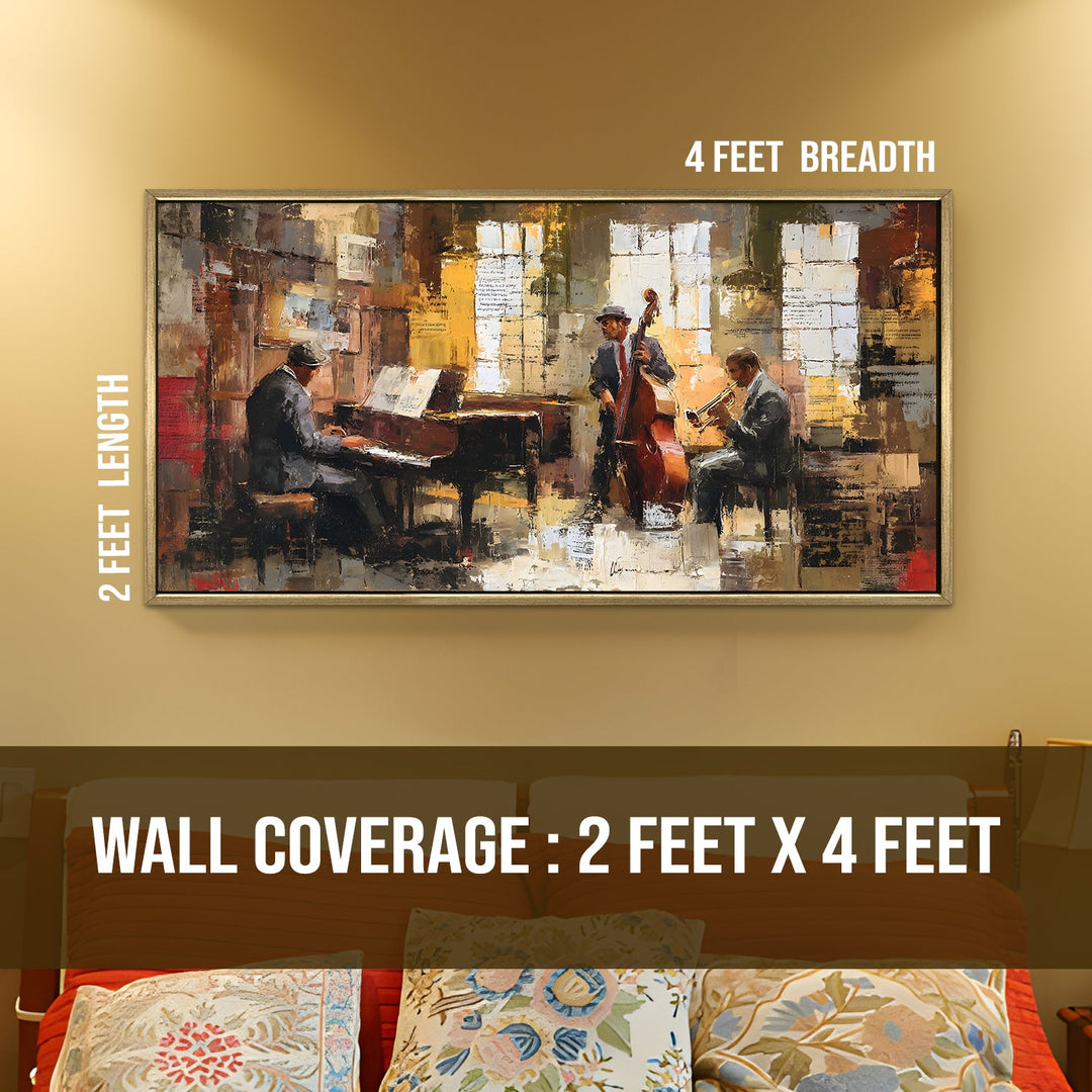 Jazz Quartet in Rustic Studio Wall Art, HD Canvas Print, Golden Floater Framed, Ready to Hang, (24 In x 48 In) (MUSIC-WA-01)