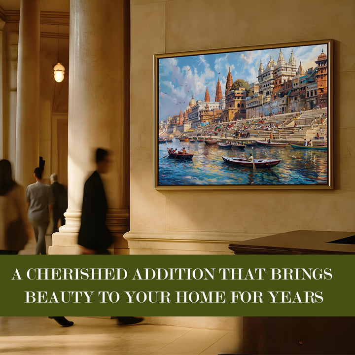 Banaras Ghats Painting Wall Art – Varanasi Riverfront with Golden Floater Frame – HD Print Large Canvas, Ready to Hang, Size: 3X4FT, (BAWA19)