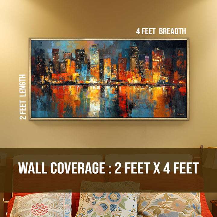City Skyline Reflected on Water Wall Art, HD Canvas Print, Golden Floater Framed, Ready to Hang, (24 In x 48 In) (ABS-WA-01)